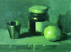 an oil painting of green apples and jars on a table with one apple in the foreground