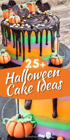 a halloween cake with chocolate icing and pumpkins on top, sitting on a wooden table