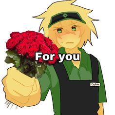 a man holding a bunch of roses with the words for you on it