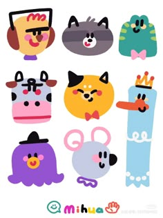 an image of cartoon animals with different expressions on their faces and body parts in the same style