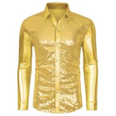 Long sleeves, sequin design, and sparkling make you eye-catching in the crowd. The classic button-down party shirt and slim tailoring perfectly show your charm. This sequined shirt is matched with a bow tie, trousers, shirt, blazer, and tuxedo to create a bright and handsome appearance. Suitable for multiple occasions, nightclubs, performance costumes, birthday parties, hip-hop, music festivals, Christmas, Halloween, role-playing, etc. Measurement (in inches) International Size----------Chest Gi Gold Party Shirt For Spring, Gold Spring Party Shirt, Gold Long Sleeve Party Shirt, Gold Shirt For Fall Party, Slim Fit Long Sleeve Party Tops, Sequin Shirt For Fall Night Out, Sequin Party Shirt For Spring, Slim Fit Long Sleeve Tops For Party, Long Sleeve Sequin Shirt For Fall