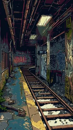 an old abandoned train station with graffiti on the walls and tracks running along it's sides