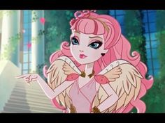 a pink haired girl with long hair and wings pointing at something in front of her