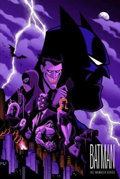 batman the animated movie poster with an evil man and two women in front of a city skyline