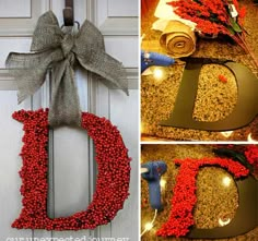 the front door is decorated with red berries and wreaths