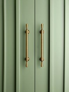 two brass handles are on the green cabinet doors