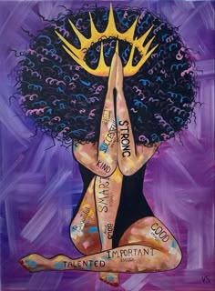 a painting of a woman doing yoga with her hands in the air and words written all over her body