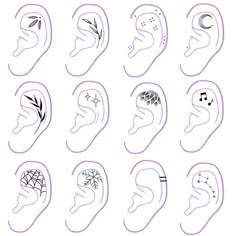 the different types of ear piercings are shown in purple and black ink on white paper