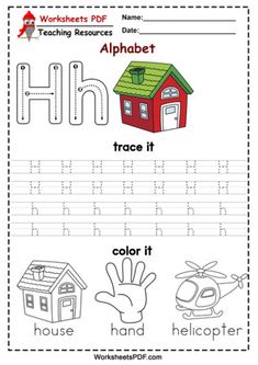 worksheet for children to learn the letter h with their handwriting and color pages