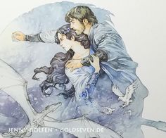 a watercolor painting of a man holding a woman in his arms and flying through the air