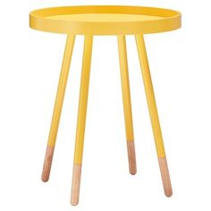 a yellow side table with two wooden legs