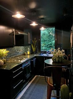 a kitchen with dark cabinets and black counter tops, lights above the sink, potted cacti on the table