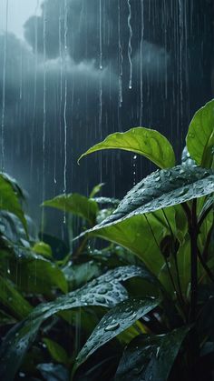 rain falling down on green plants and leaves in the foreground, with dark clouds overhead