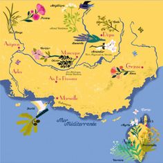 a map of france with flowers and birds in the country's capital, as well as major cities