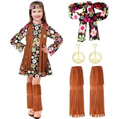 PRICES MAY VARY. Nice Combination: this package comes with 1 piece of peace sign necklace, 1 pair of earrings, 1 piece of flower headband, 1 piece of flower dress and 1 pair of ankle socks with tassels, this combination of 70s themed outfits for kids is very nice and practical, can meet your different needs Reliable and Long Lasting: made of polyester material, our kids hippie outfit is reliable and sturdy, will not tear or break easily, your kids can wear the hippie outfit for a long time witho 70s Themed Outfits, 70s Disco Outfit, 60s Outfits, Hippie Accessories, Halloween Party Dress, Baby Costumes Girl, Headband Outfit, 70s Outfits