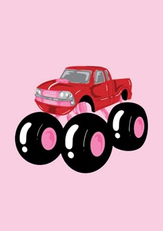 Illustration of a monster truck. Red And Pink Poster Prints, Black Disco Ball, Slogan Typography, Monster Truck Art, Truck Illustration, Love Core, Pink Wheels, Maximalist Eclectic, Groovy Art