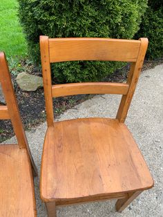 two wooden chairs sitting next to each other in front of a green bush and shrubbery