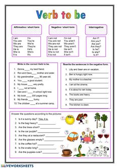 the verb to be worksheet is shown with words and pictures for each subject