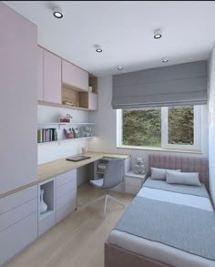 a bedroom with a bed, desk and shelves on the wall next to a window