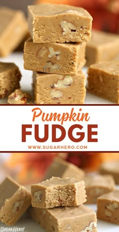 pumpkin fudge bars stacked on top of each other with the title in the middle