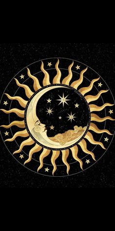 the sun and moon are depicted in an artistic style, with stars on black background