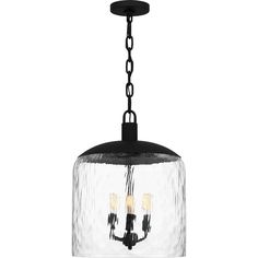 a black and clear glass light fixture with chains hanging from it's center point