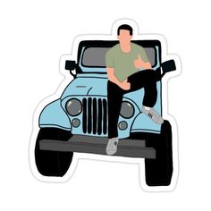 a man sitting on the hood of a blue jeep sticker