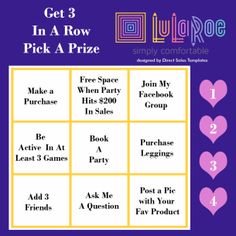 a purple and yellow flyer with hearts on it, including two rows of cards that say get 3 in a row pick a prize