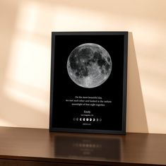 a black framed poster with a quote about the full moon on it's side