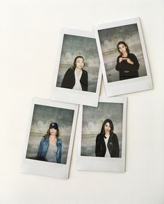 three polaroid photos of women in black jackets and white shirts, one with her arms crossed