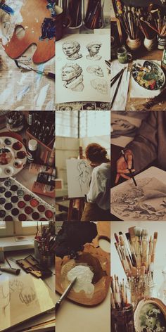 a collage of photos with various objects and people working on art work in the background