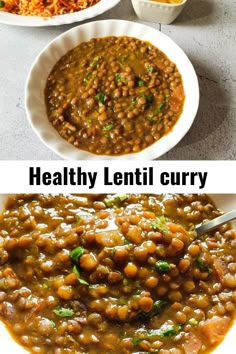 two bowls filled with beans and rice next to another bowl full of lentil curry