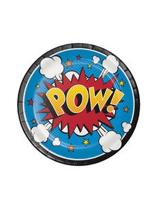 a paper plate with the word pow on it and an image of clouds in the background