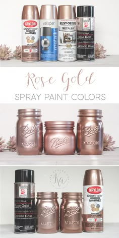 several different types of metallic paint are shown in this collage with the words rose gold spray paint colors