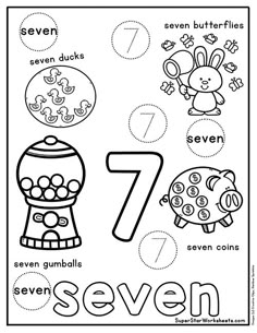 the number seven worksheet for children to learn numbers and counting them in this printable