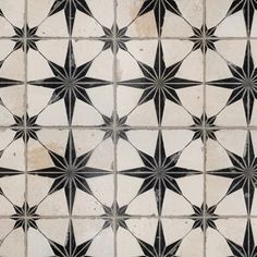 black and white tile with star designs on the bottom, in an old - fashioned pattern