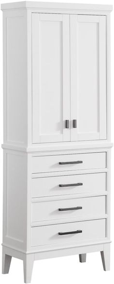 a white armoire with drawers and doors on the bottom shelf, in front of a white background