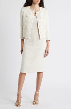 Tonal checks with a hint of shimmering threads enhance this tweed skirt cut in an always-classic pencil silhouette that exudes sophistication and elegance.  Hidden back-zip closure Back vent Lined 90% polyester, 10% wool Dry clean Imported Skirt Suits For Women Classy, Anne White, Tweed Pencil Skirt, Tweed Skirt, Skirt Suit, Anne Klein, Tweed Jacket, Suits For Women, Checks