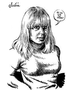 a black and white drawing of a woman with a thought bubble above her head that says julia