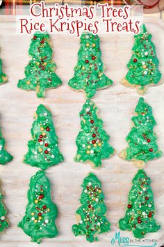 christmas tree rice krispies treats on a cutting board