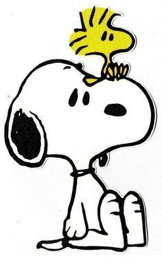 a drawing of a snoopy dog with a yellow hat on top of his head