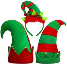 three elf hats with red and green stripes