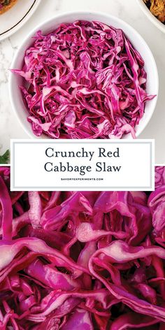 red cabbage slaw in a white bowl on a marble counter top with text overlay that reads crunchy red cabbage slaw