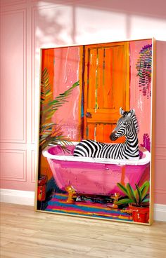 a painting of a zebra sitting in a bathtub with pink walls and wooden floors