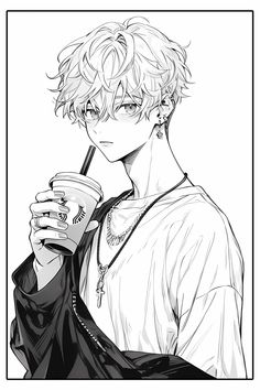 an anime character holding a drink and looking at the camera with his hand in his mouth