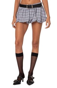 Take retro '90s style to the max with this ultrashort skort in crisp, classic plaid. Elastic waist Removable belt Lined 100% cotton Machine wash, dry flat Imported Trendy Fitted Plaid Shorts, Preppy Short Bottoms For Fall, Preppy Short-length Bottoms For Fall, Preppy Short Length Bottoms For Fall, Fitted Casual Plaid Shorts, Fitted Plaid Casual Shorts, Preppy Fitted Shorts For School, Preppy Black Cotton Bottoms, Plaid Cotton Mini Bottoms