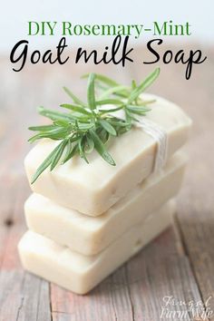 homemade goat milk soap bars stacked on top of each other with rosemary sprigs