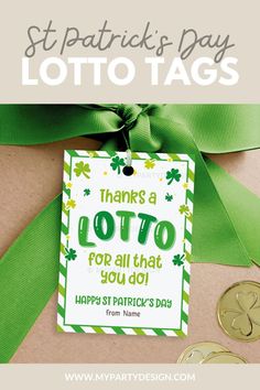 st patrick's day lotto tags with green ribbon and gold coins on top