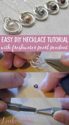 the instructions for how to make a necklace with pearls and silver beads are shown in three different ways