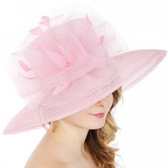 Dress Hat With Bow And Feather Weight 2.6oz Size: Brim 5" X Crown Height 5" X Crown Diameter 7.5" Pink Spring Church Top Hat With Flat Brim, Spring Church Wide Brim Top Hat, Wide Brim Sun Hat For Races In Spring, Wide Brim Sun Hat For Spring Races, Spring Boater Hat With Flat Brim For Races, Spring Wide Brim Boater Hat For Church, Wide Brim Boater Hat For Church In Spring, Feminine Curved Brim Hats For Kentucky Derby, Curved Brim Top Hat For Spring Church Events